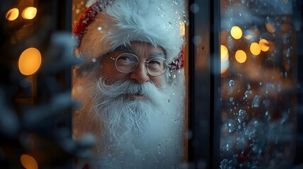Santa Claus peering through a frosty window, his face framed by soft light and gentle snowfall