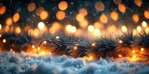 Fototapeta premium Winter Wonderland Illuminated Festive Branches Resting on a Snowy Surface with Warm, Glowing Lights and a Dreamy Bokeh Effect