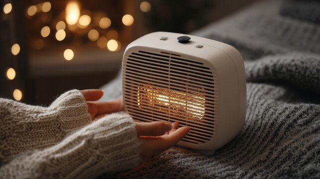 Close up of hands reaching for a portable quartz heater with selective focus on the action