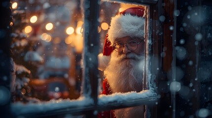 Santa Claus peeking through a frosted window on a magical winter night, with warm Christmas lights glowing softly in the background