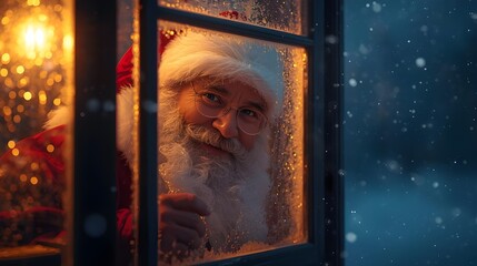 Classic Santa Claus with a friendly smile looking through a frosty window on a snowy evening