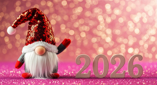 Festive gnome with red sequin hat and wooden numbers 2026 holiday christmas