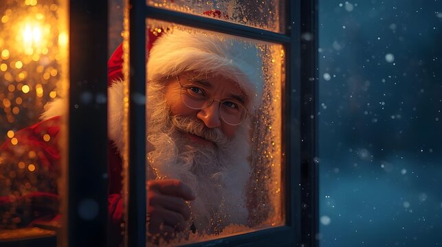 Classic Santa Claus with a friendly smile looking through a frosty window on a snowy evening