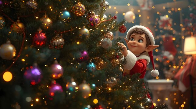 A delightful elf peeks from a sparkling Christmas tree, adorned with festive ornaments and soft glowing lights, creating a magical holiday mood with a beautiful bokeh background