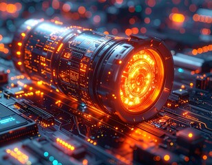 Glowing futuristic device, integrated into a motherboard, vibrant lights and detailed circuitry