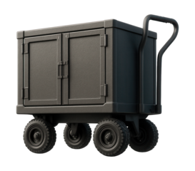 Sturdy baggage cart with reinforced doors and a durable, boxy design.