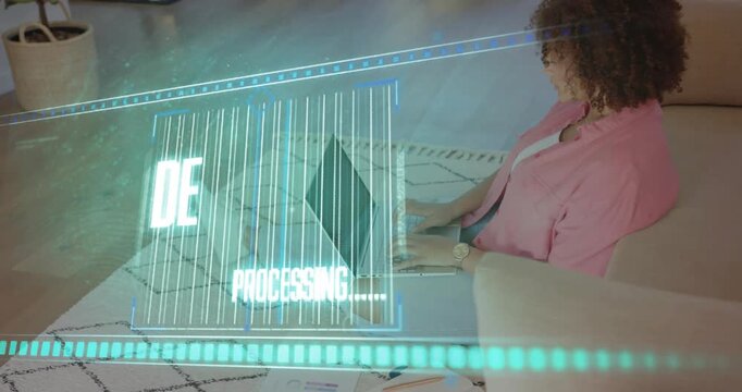 Woman typing on laptop and initiating file delete in home tech, holographic progress bar advancing