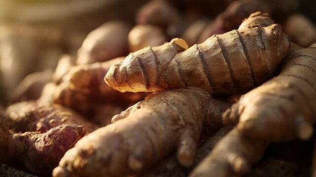 Fresh ginger roots piled, illuminated by morning light, healthy food