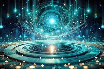 Abstract Futuristic Display  A mesmerizing swirl of vibrant teal energy streams converge on a sleek, circular platform, creating an otherworldly technological spectacle.