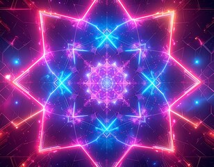 Glowing geometric kaleidoscope with pink and blue neon lights on a dark background