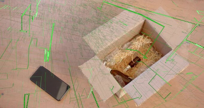 Smartphone sending signal, open box receiving green overlay lines and nodes, tracking shipment