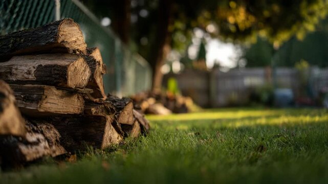 Stacked firewood on green lawn, autumn preparation for cold weather