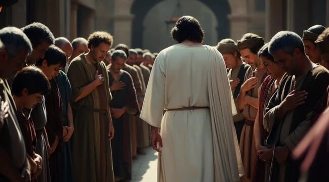 A symbolic depiction of a solemn farewell between a sacred teacher and devoted followers before a historic trial and sacrifice