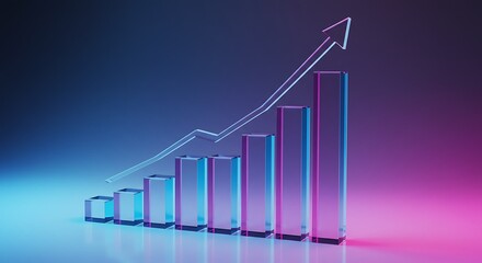 Glowing glass bar graph with ascending line, illuminated by pink and blue neon lights