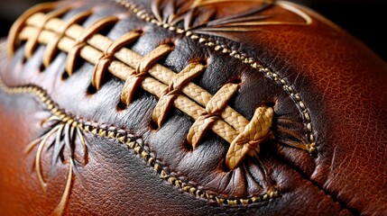 Fototapeta premium A detailed, close-up view of a vintage brown leather American football, highlighting the texture of the leather, the intricate stitching, and the laced seam. Th