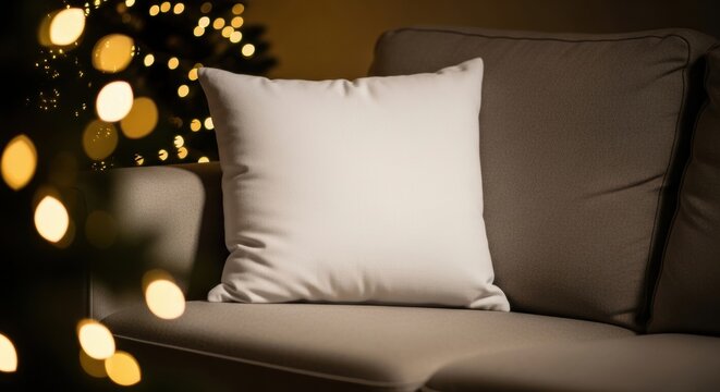 Cozy Holiday Scene - Beige Pillow on Couch with Christmas Lights.