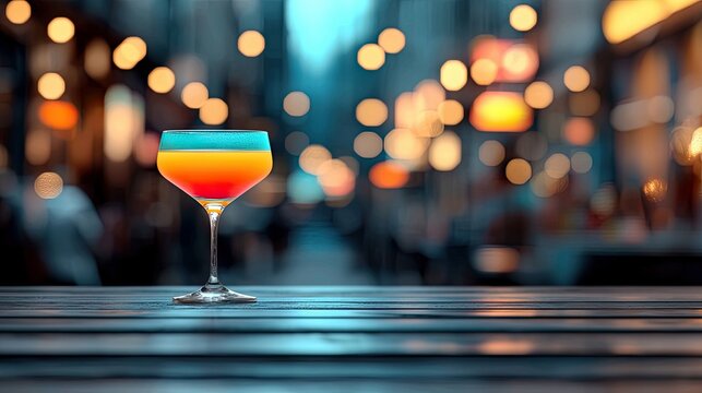 A vibrant, layered cocktail in a stemmed glass sits on a dark wooden table. The background features a soft bokeh effect of warm, glowing lights, suggesting a li