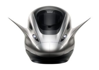 Sleek high-speed train in silver and black with streamlined side fins.