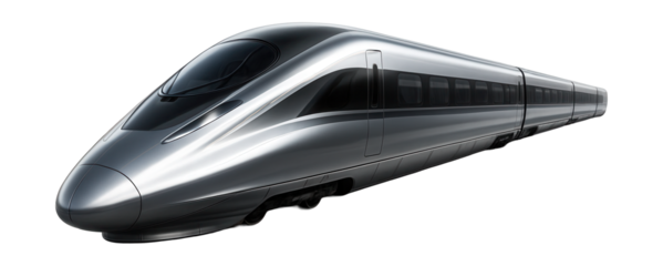 Futuristic high-speed train with a sleek front and matching carriages.