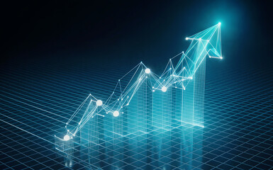 Abstract digital visualization of a glowing blue line graph trending upwards, representing financial growth, economic progress, and positive performance in a technological or datadriven context