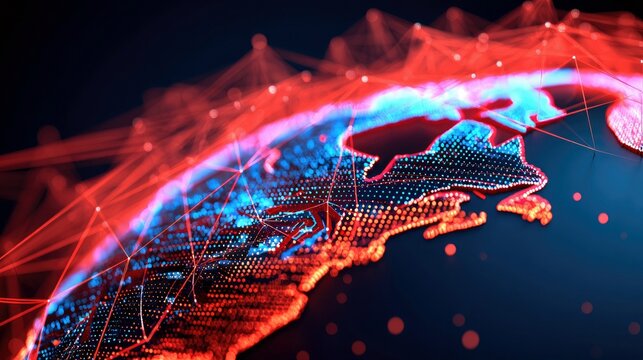 A digital representation of the Earth, showing continents illuminated with blue and red dots, connected by a network of red lines and nodes against a dark backg