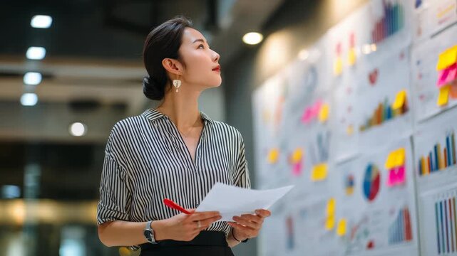 Asian business woman analyzing data charts on a wall, strategy planning
