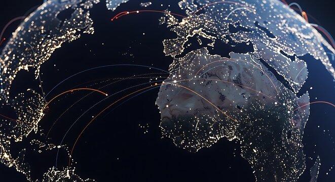 Glowing globe with connecting lines showing global communications and data transfer
