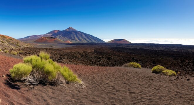 Desert landscape with sparse shrubs and distant mountains under a clear blue sky
