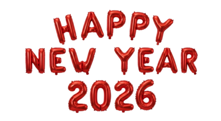 Happy new year 2026 red foil balloons isolated on transparent background