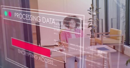 Woman typing on laptop as server connecting, glass bar overlay mirroring typing for data recovery - Powered by Adobe