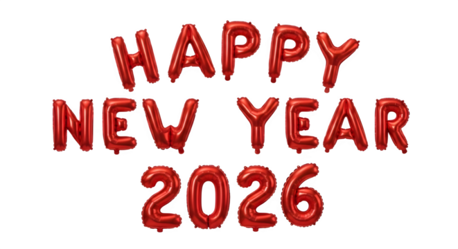 Happy new year 2026 red foil balloons isolated on transparent background
