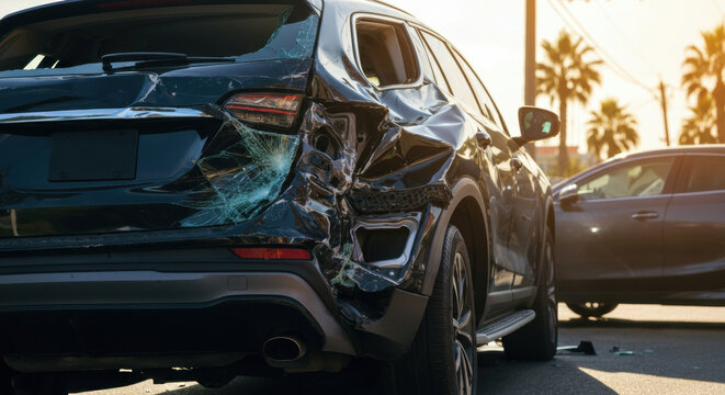 Damaged SUV after rear collision on sunlit street with palm trees in daylight