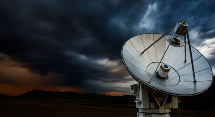 Satellite dish gazes toward a dramatic stormy sky over desert plains at dusk