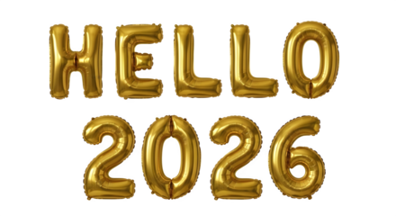 Hello 2026 golden foil balloon text isolated on transparent background
