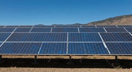 Solar panels array soaking up sun in a wide, arid desert solar farm landscape