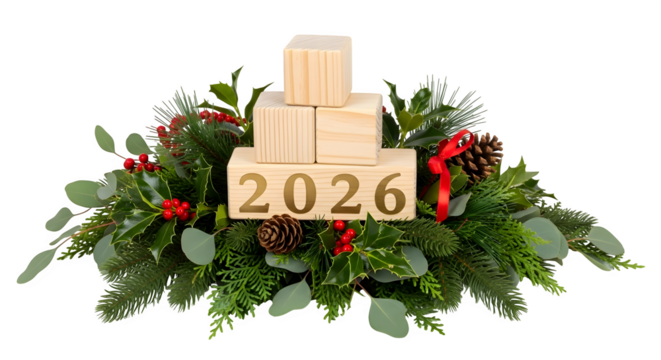 Festive 2026 new year arrangement with candle isolated on transparent background - Powered by Adobe