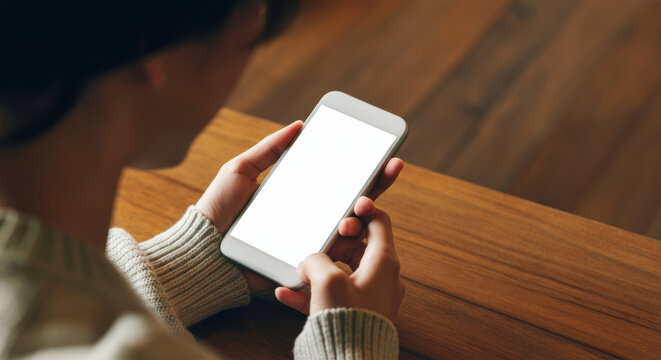 Woman holding smartphone with blank screen resting on a wooden table surface