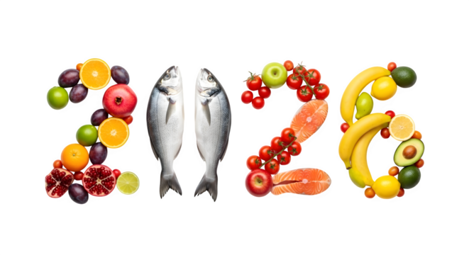 Creative number 2026 made of fish and fruits isolated on transparent background