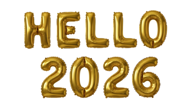 Hello 2026 golden foil balloon text isolated on transparent background