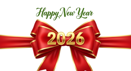 Happy new year 2026 with red bow isolated on transparent background