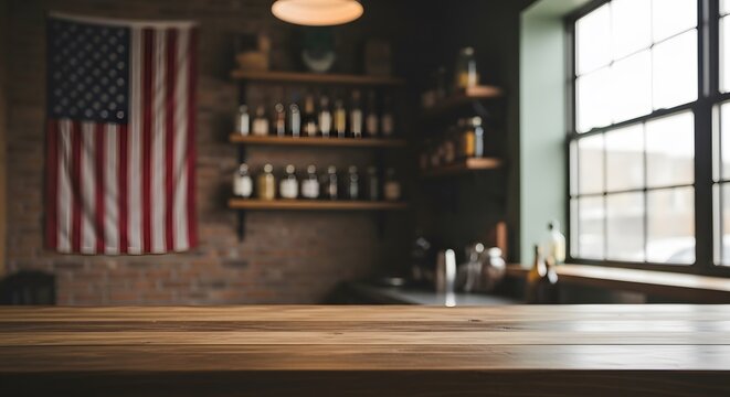 Rustic bar interior with american flag and wooden countertop