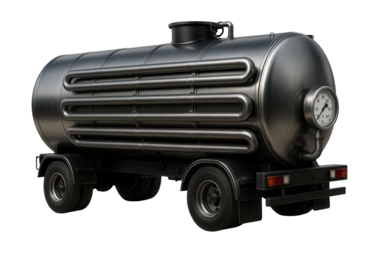 Heated coil asphalt tanker with rear temperature gauge.