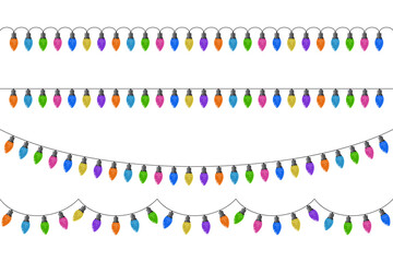 Set of bulbs on a string. Hanging light bulbs. Colorful light bulbs for decoration. Lights garland. Lights string decoration. Vector illustration