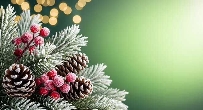 Christmas Holiday Background with Snowy Fir Branch, Pine Cones, Red Berries, and Green Bokeh Copy Space