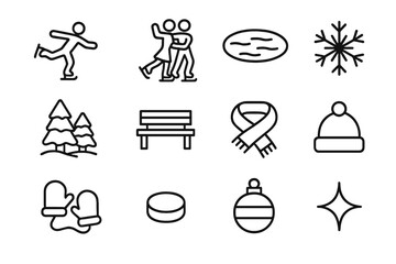Frozen Lake Icons. Frozen Lake Fun. Line outline icon set of Frozen Lake Fun: ice skater, pair skating, frozen
