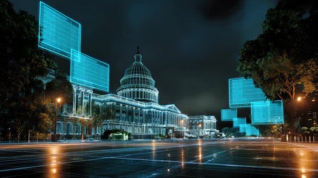 Futuristic capital building with digital overlays at night time