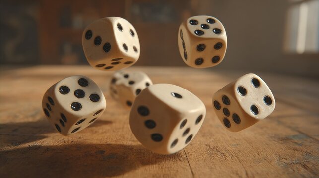Close-Up of Vintage Dice Falling on Wooden Surface