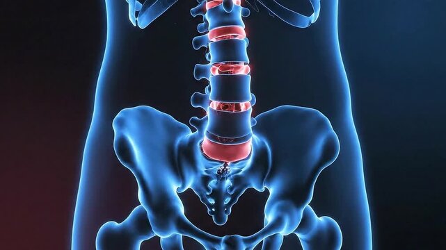 Abstract 3D Human Skeleton Lumbar Spine Anatomy Detailed Medical Animation with Glowing Blue Outline and Red Highlighted Vertebrae Against Dark Textured Background