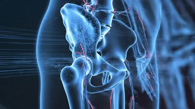 Abstract 3D Rendering of Human Skeletal System and Circulatory Network Featuring Pelvic Bone and Arteries in Blue Neon Glow Against Dark Textured Background