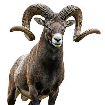 Male mouflon sheep with large curved horns, cutout, PNG isolated on white or transparent background